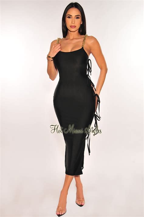 Black Gold Chain Straps Tie Up Sides Dress .